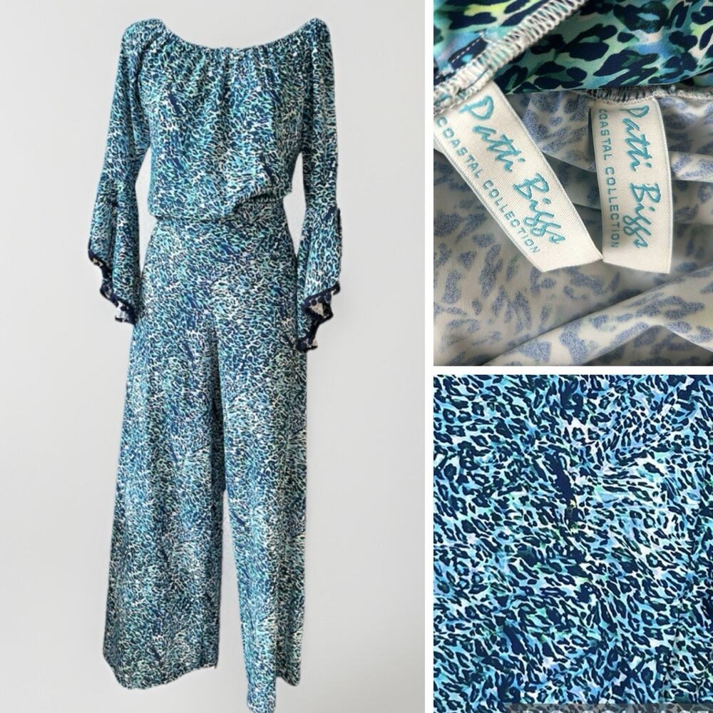 Patti Biggs Boho Coastal 2pc Set M/L Bell Sleeve Wide Leg Pant Vacation UV 50